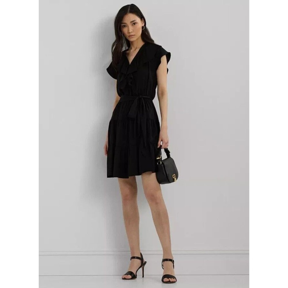 Lauren Ralph Lauren Womens Belted Ruffle-Trim Sat Black Size 8